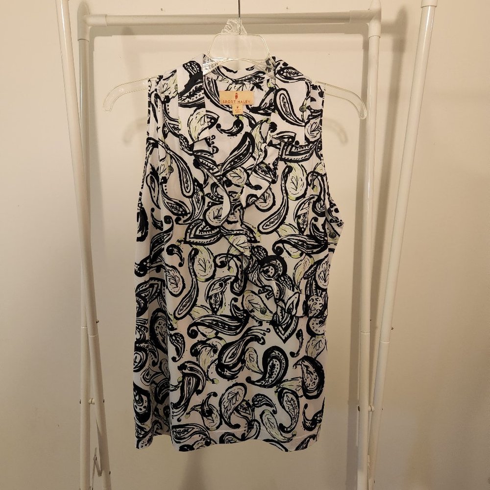 Sport Haley | Black and White Sleeveless Athletic Shirt with Green Paisley, Sz M